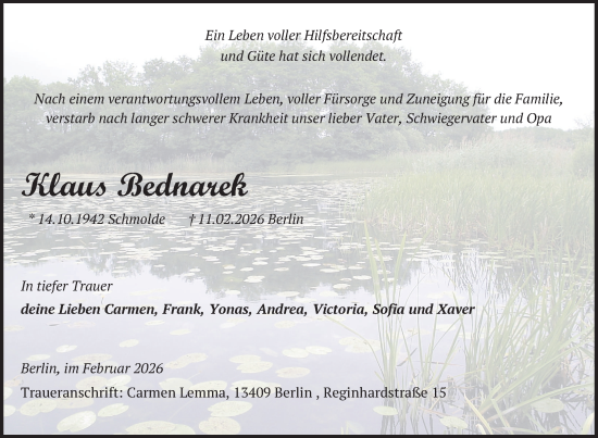 Traueranzeige von Klaus Bednarek von Nordkurier Neubrandenburger Zeitung