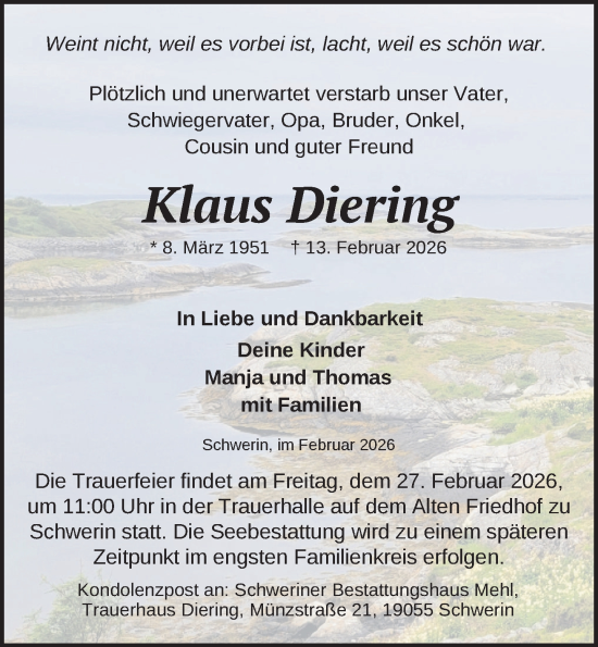 Traueranzeige von Klaus Diering von Zeitung für die Landeshauptstadt