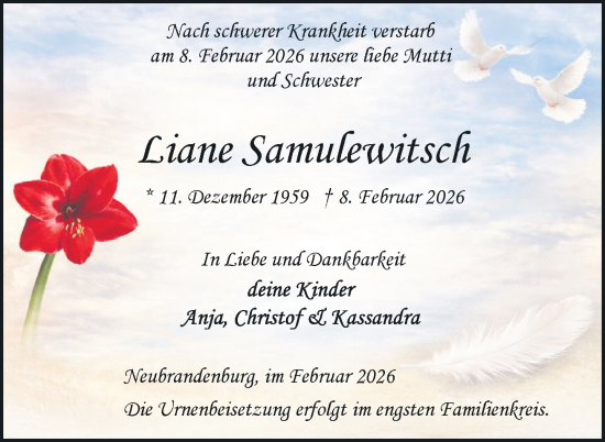 Traueranzeige von Liane Samulewitsch von Nordkurier Neubrandenburger Zeitung