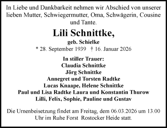 Traueranzeige von Lili Schnittke von Parchim und Lübz