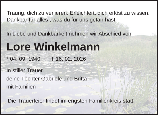 Traueranzeige von Lore Winkelmann von Nordkurier Neubrandenburger Zeitung
