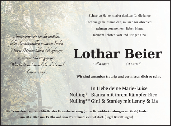Traueranzeige von Lothar Beier von Uckermark Kurier Prenzlauer Zeitung