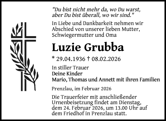 Traueranzeige von Luzie Grubba von Uckermark Kurier Prenzlauer Zeitung