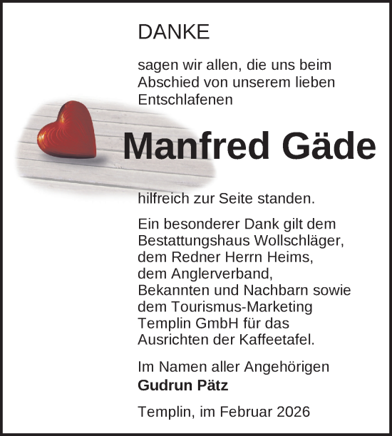 Traueranzeige von Manfred Gäde von Uckermark Kurier Templiner Zeitung