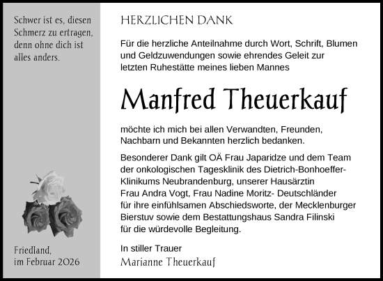 Traueranzeige von Manfred Theuerkauf von Nordkurier Neubrandenburger Zeitung