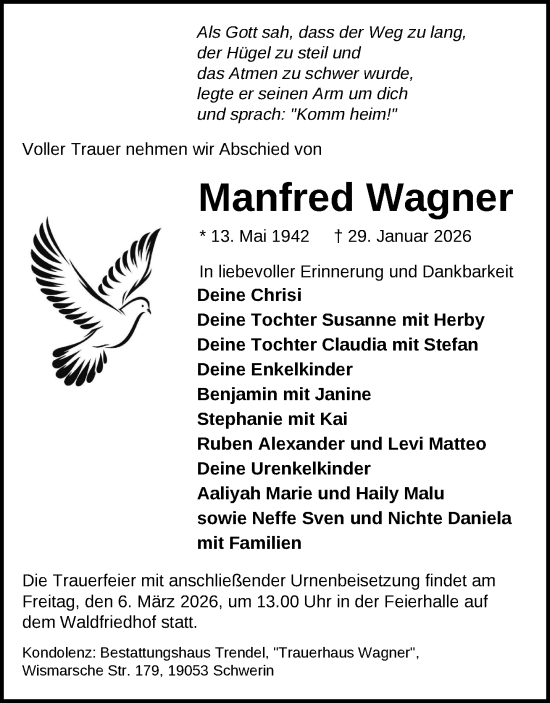 Traueranzeige von Manfred Wagner von Zeitung für die Landeshauptstadt