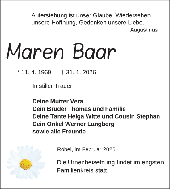 Traueranzeige von Maren Baar von Nordkurier Müritz-Zeitung, Nordkurier Strelitzer Zeitung