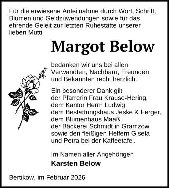 Traueranzeige von Margot Below von Uckermark Kurier Prenzlauer Zeitung