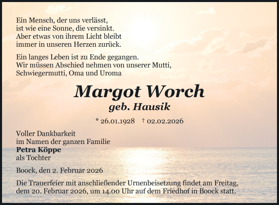 Traueranzeige von Margot Worch von Nordkurier Pasewalker Zeitung, Nordkurier Grosso