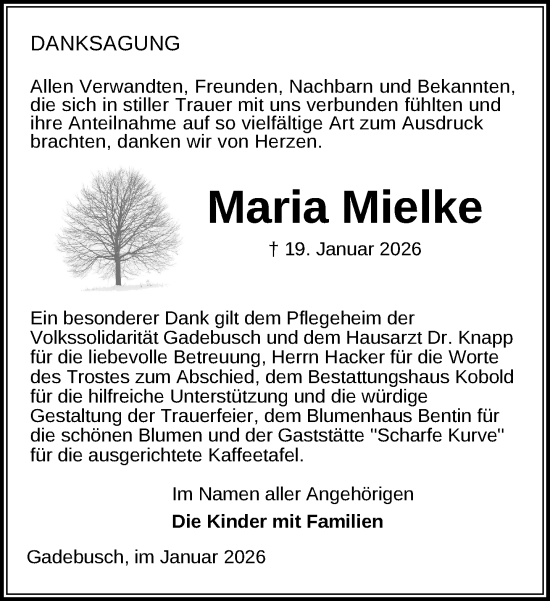 Traueranzeige von Maria Mielke von Gadebusch - Rehnaer Zeitung