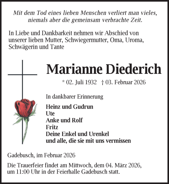 Traueranzeige von Marianne Diederich von Gadebusch - Rehnaer Zeitung