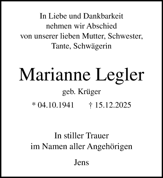 Traueranzeige von Marianne Legler von Norddeutsche Neueste Nachrichten