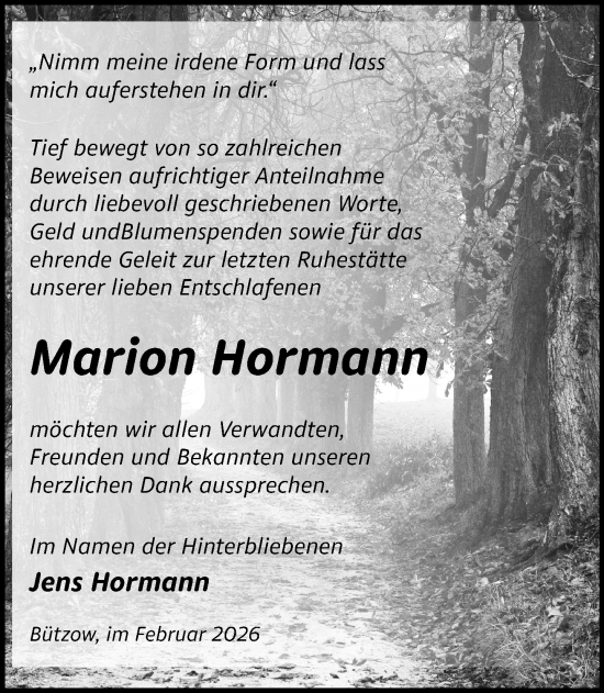 Traueranzeige von Marion Hormann von Güstrow und Bützow