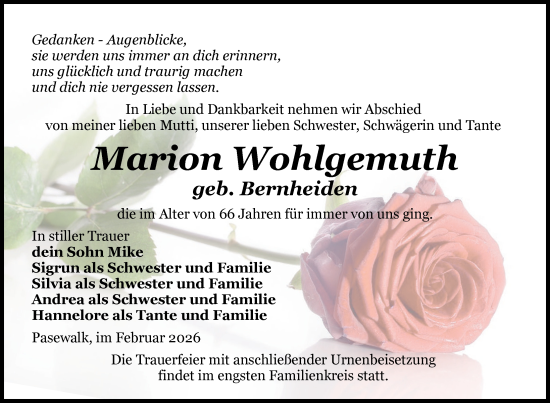 Traueranzeige von Marion Wohlgemuth von Nordkurier Pasewalker Zeitung, Nordkurier Grosso