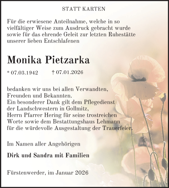 Traueranzeige von Monika Pietzarka von Uckermark Kurier Prenzlauer Zeitung