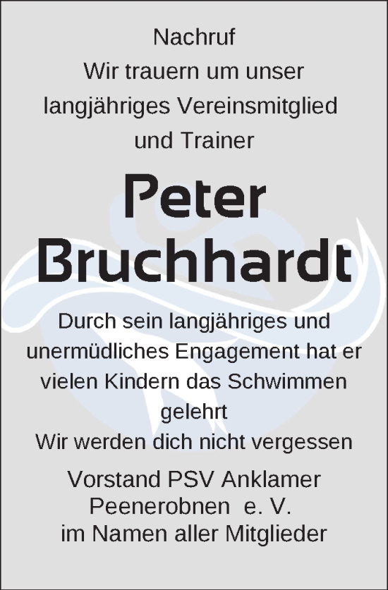 Traueranzeige von Peter Bruchhardt von Nordkurier Vorpommern Kurier, Nordkurier Grosso