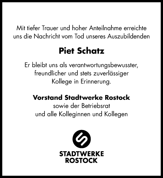 Traueranzeige von Piet Schatz von Norddeutsche Neueste Nachrichten