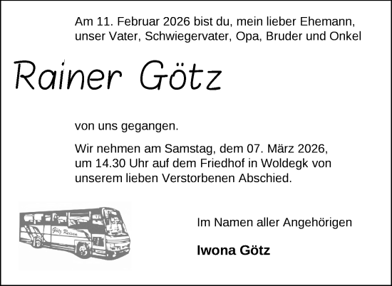 Traueranzeige von Rainer Götz von Nordkurier Strelitzer Zeitung