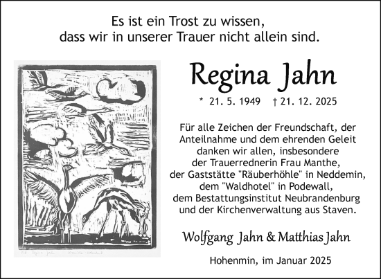 Traueranzeige von Regina Jahn von Nordkurier Neubrandenburger Zeitung