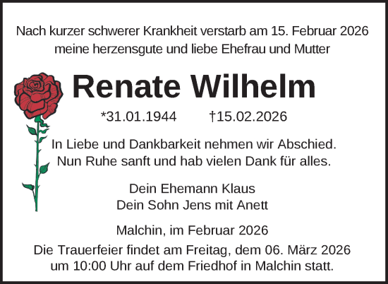 Traueranzeige von Renate Wilhelm von Nordkurier Mecklenburger Schweiz, Nordkurier Grosso