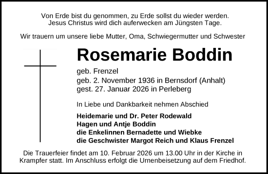 Traueranzeige von Rosemarie Boddin von Der Prignitzer, Prignitz Express