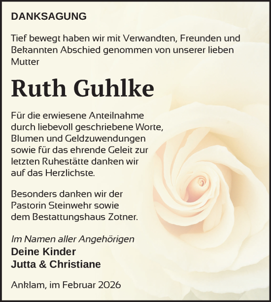 Traueranzeige von Ruth Guhlke von Nordkurier Vorpommern Kurier, Nordkurier Grosso