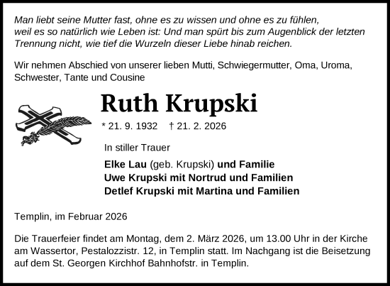 Traueranzeige von Ruth Krupski von Uckermark Kurier Templiner Zeitung