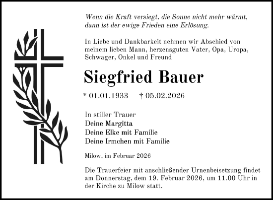 Traueranzeige von Siegfried Bauer von Uckermark Kurier Prenzlauer Zeitung