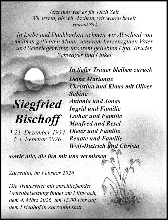 Traueranzeige von Siegfried Bischoff von Hagenower Kreisblatt