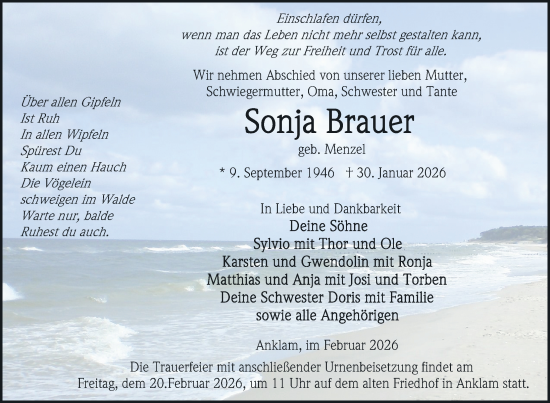 Traueranzeige von Sonja Brauer von Nordkurier Vorpommern Kurier, Nordkurier Grosso