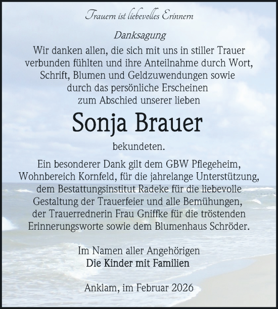 Traueranzeige von Sonja Brauer von Nordkurier Vorpommern Kurier, Nordkurier Grosso