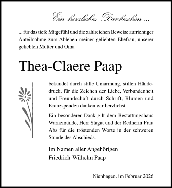 Traueranzeige von Thea-Claere Paap von Norddeutsche Neueste Nachrichten