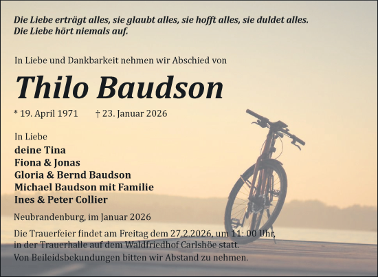 Traueranzeige von Thilo Baudson von Nordkurier Neubrandenburger Zeitung, Nordkurier Pasewalker Zeitung, Nordkurier Grosso