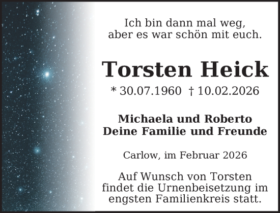 Traueranzeige von Torsten Heick von Gadebusch - Rehnaer Zeitung