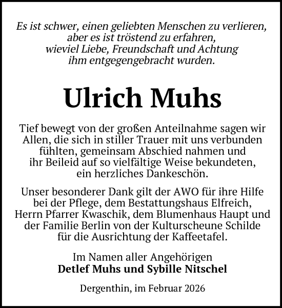 Traueranzeige von Ulrich Muhs von Der Prignitzer, Prignitz Express