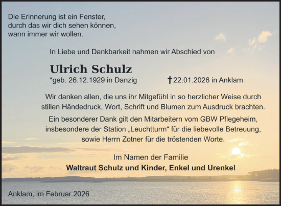Traueranzeige von Ulrich Schulz von Nordkurier Neubrandenburger Zeitung, Nordkurier Vorpommern Kurier, Nordkurier Grosso
