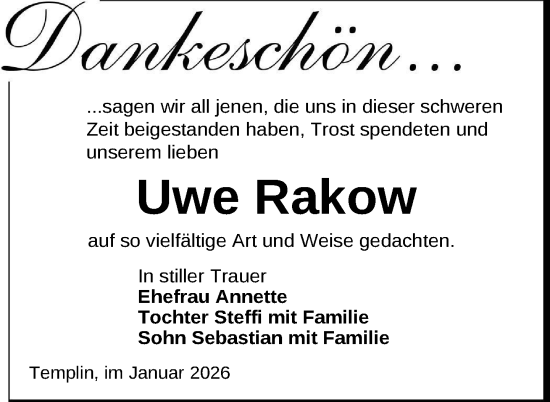 Traueranzeige von Uwe Rakow von Uckermark Kurier Templiner Zeitung