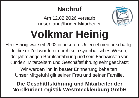 Traueranzeige von Volkmar Heinig von Güstrow und Bützow