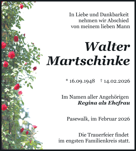 Traueranzeige von Walter Martschinke von Nordkurier Pasewalker Zeitung, Nordkurier Grosso