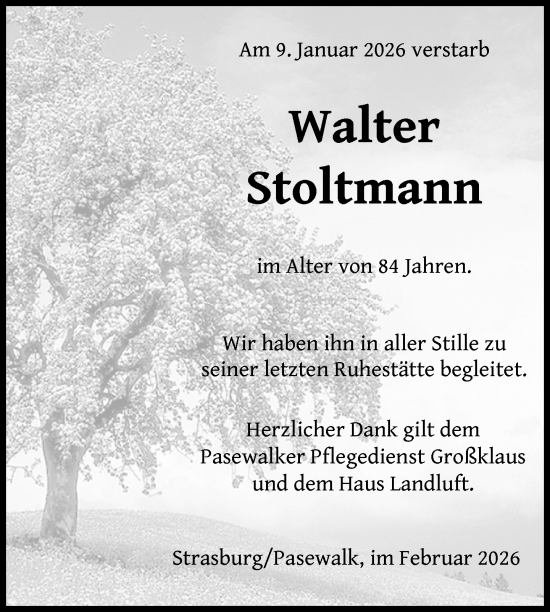 Traueranzeige von Walter Stoltmann von Nordkurier Grosso, Nordkurier Pasewalker Zeitung