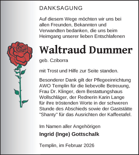 Traueranzeige von Waltraud Dummer von Uckermark Kurier Templiner Zeitung