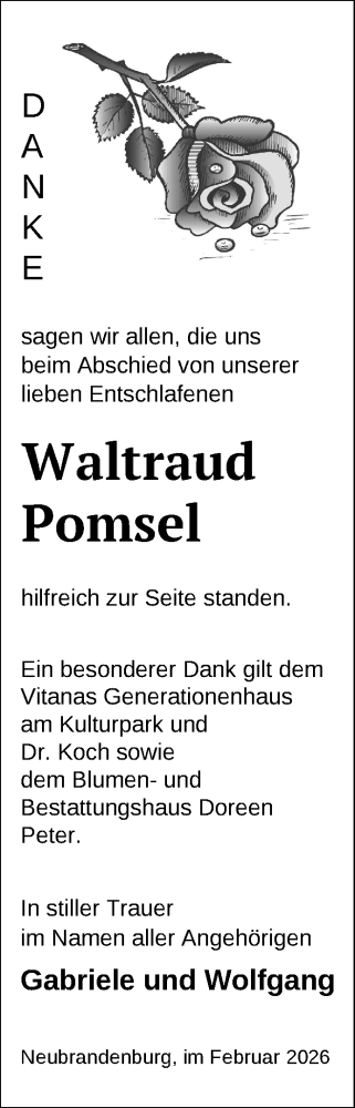 Traueranzeige von Waltraud Pomsel von Nordkurier Neubrandenburger Zeitung