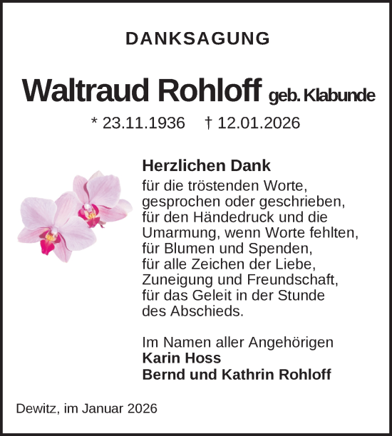 Traueranzeige von Waltraud Rohloff von Nordkurier Neubrandenburger Zeitung