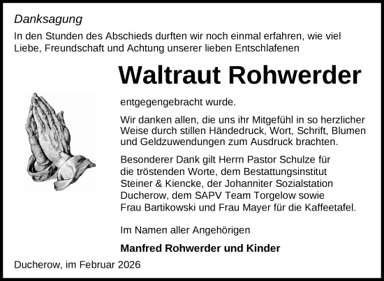 Traueranzeige von Waltraut Rohwerder von Nordkurier Vorpommern Kurier, Nordkurier Grosso