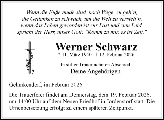 Traueranzeige von Werner Schwarz von Nordkurier Mecklenburger Schweiz, Nordkurier Grosso
