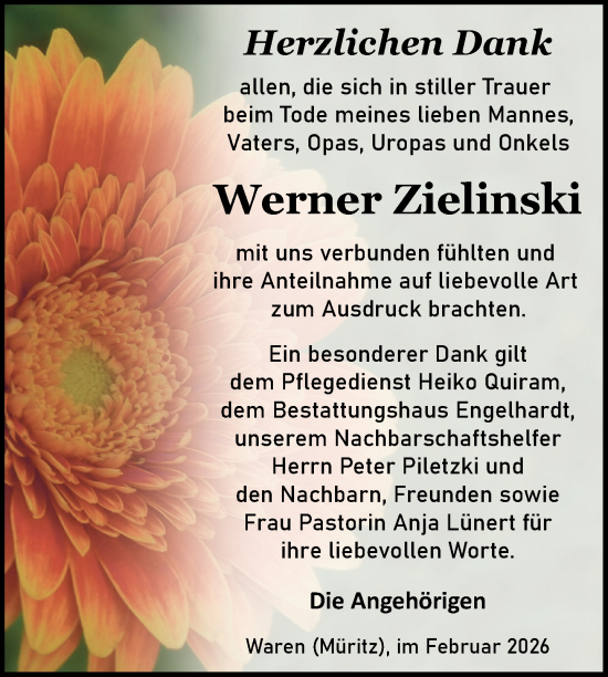 Traueranzeige von Werner Zielinski von Nordkurier Müritz-Zeitung