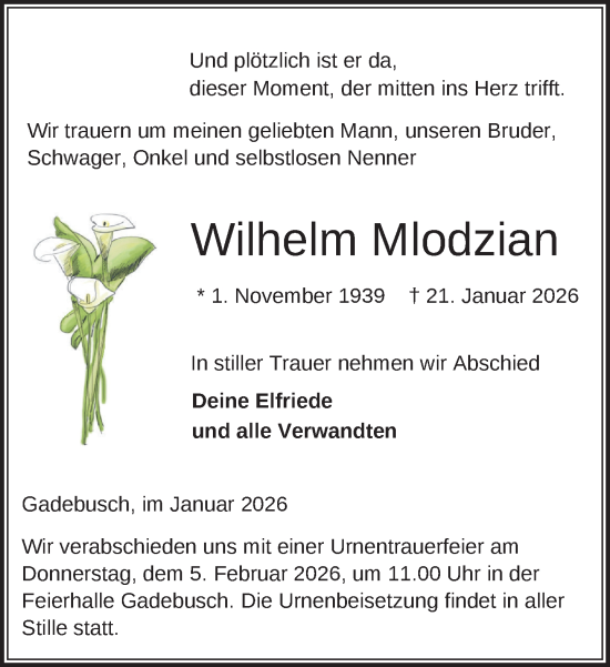 Traueranzeige von Wilhelm Mlodzian von Gadebusch - Rehnaer Zeitung