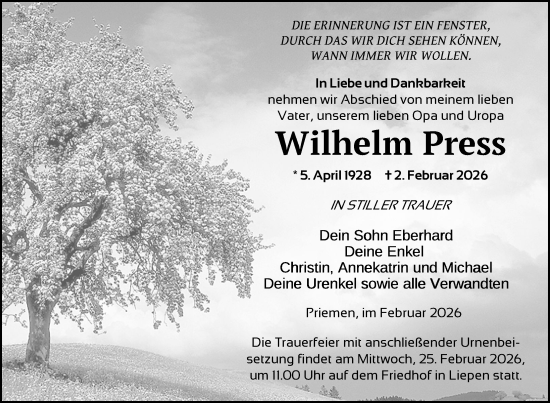 Traueranzeige von Wilhelm Press von Nordkurier Vorpommern Kurier, Nordkurier Grosso