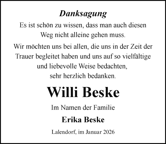 Traueranzeige von Willi Beske von Güstrow und Bützow