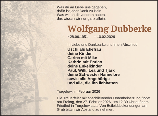 Traueranzeige von Wolfgang Dubberke von Nordkurier Grosso, Nordkurier Haff-Zeitung